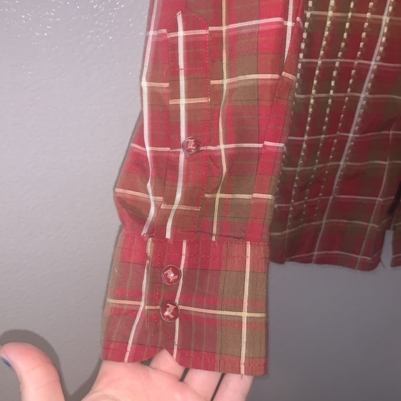 Lamasini Western Red Plaid snap Sequined Cross Embroidered Button Down Shirt - Picture 4 of 9